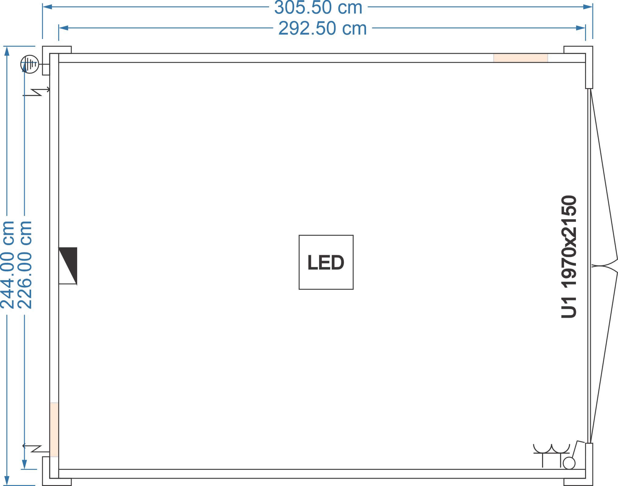Isolierter Lagercontainer 3,05 × 2,44 m mit LED und Tür 1970 × 2150 mm, technische Zeichnung - FDC Container