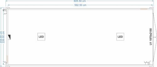 Maßzeichnung eines isolierten Lagercontainers 6,00 × 2,44 m mit integrierter LED-Beleuchtung und Tür 1970 × 2150 mm – FDC Container