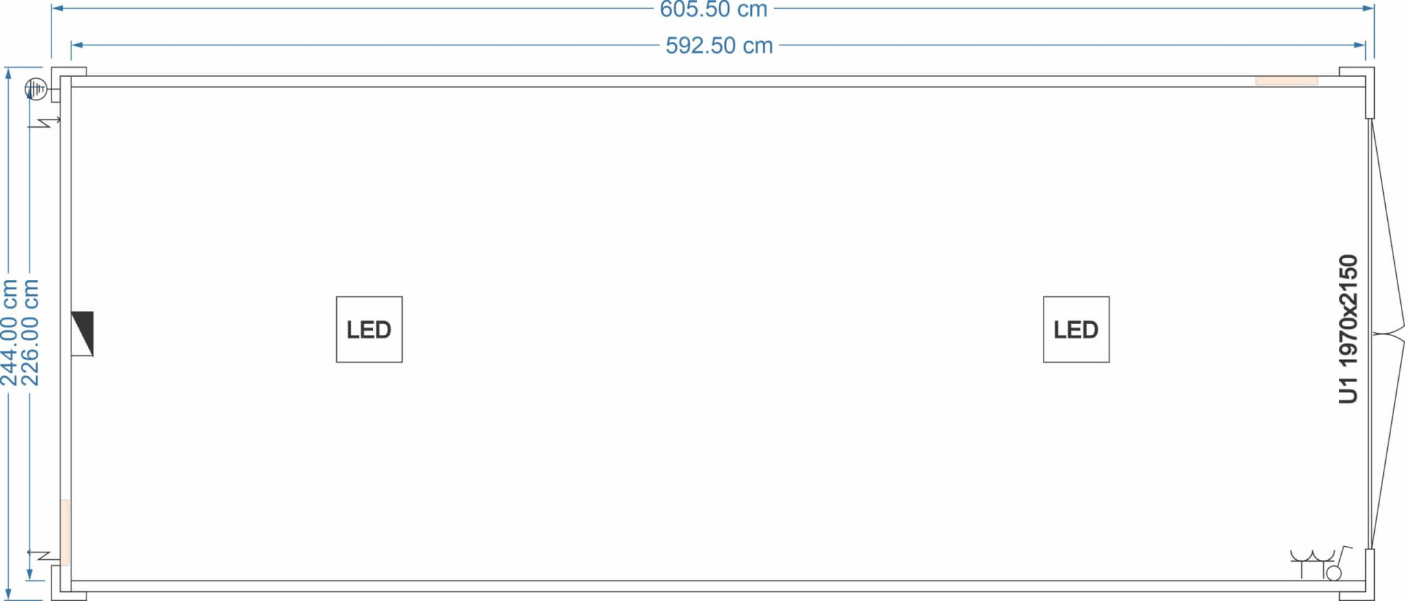 Maßzeichnung eines isolierten Lagercontainers 6,00 × 2,44 m mit integrierter LED-Beleuchtung und Tür 1970 × 2150 mm – FDC Container