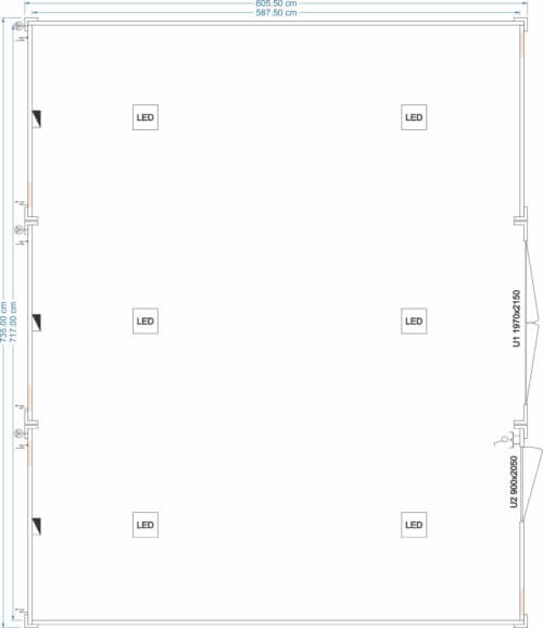 Maßplan eines isolierten Lagerensembles 6,05 × 7,35 m mit LED-Beleuchtung und mehreren Zugangstüren – FDC Container