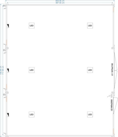 Maßplan eines isolierten Lagerensembles 6,05 × 7,35 m mit LED-Beleuchtung und mehreren Zugangstüren – FDC Container