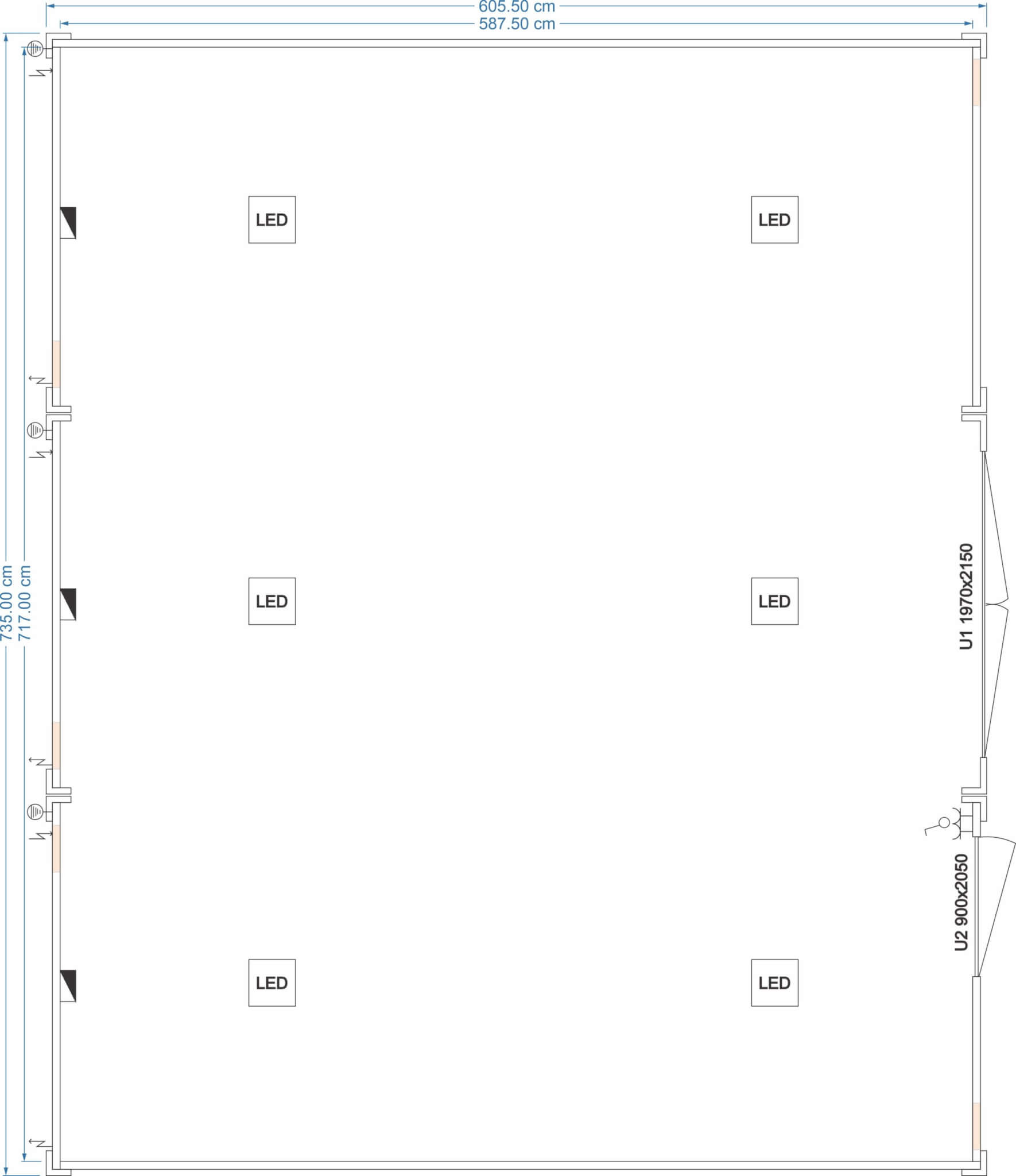 Maßplan eines isolierten Lagerensembles 6,05 × 7,35 m mit LED-Beleuchtung und mehreren Zugangstüren – FDC Container