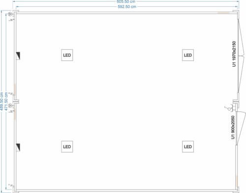 Technischer Grundriss eines isolierten Lagerensembles 6,05 × 4,81 m mit mehrfacher LED-Beleuchtung und zwei Türen – FDC Container