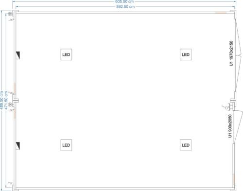 Technischer Grundriss eines isolierten Lagerensembles 6,05 × 4,81 m mit mehrfacher LED-Beleuchtung und zwei Türen – FDC Container
