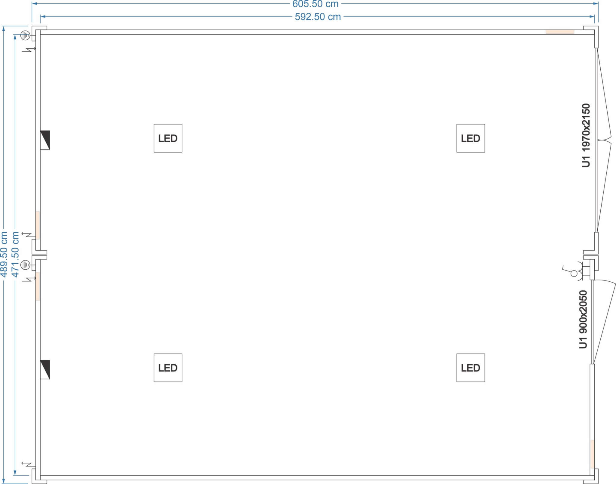 Technischer Grundriss eines isolierten Lagerensembles 6,05 × 4,81 m mit mehrfacher LED-Beleuchtung und zwei Türen – FDC Container