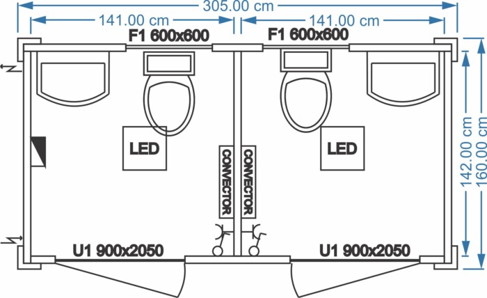 Sanitärcontainer – Doppeltoilette 3.05m x 1.60m x 2.90m