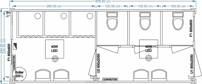 Sanitärcontainer mit Toiletten und Duschen 6.05m x 2.44m
