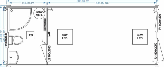 Universalcontainer mit Sanitäranlage 6.05m x 2.44m x 2.90m