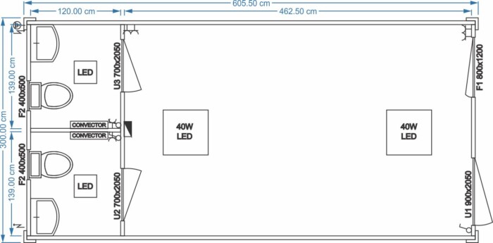 Universalcontainer 6.05m x 3.00m x 2.90m mit zwei Toiletten