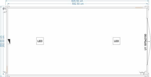 Technischer Grundriss eines isolierten Lagercontainers 6,05 × 3,00 m mit LED-Beleuchtung und Tür 1970 × 2150 mm – FDC Container