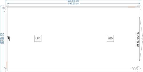 Technischer Grundriss eines isolierten Lagercontainers 6,05 × 3,00 m mit LED-Beleuchtung und Tür 1970 × 2150 mm – FDC Container
