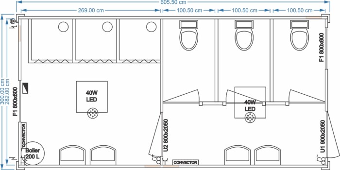 Sanitärcontainer mit Toiletten und Duschen 6.05m x 3.00m