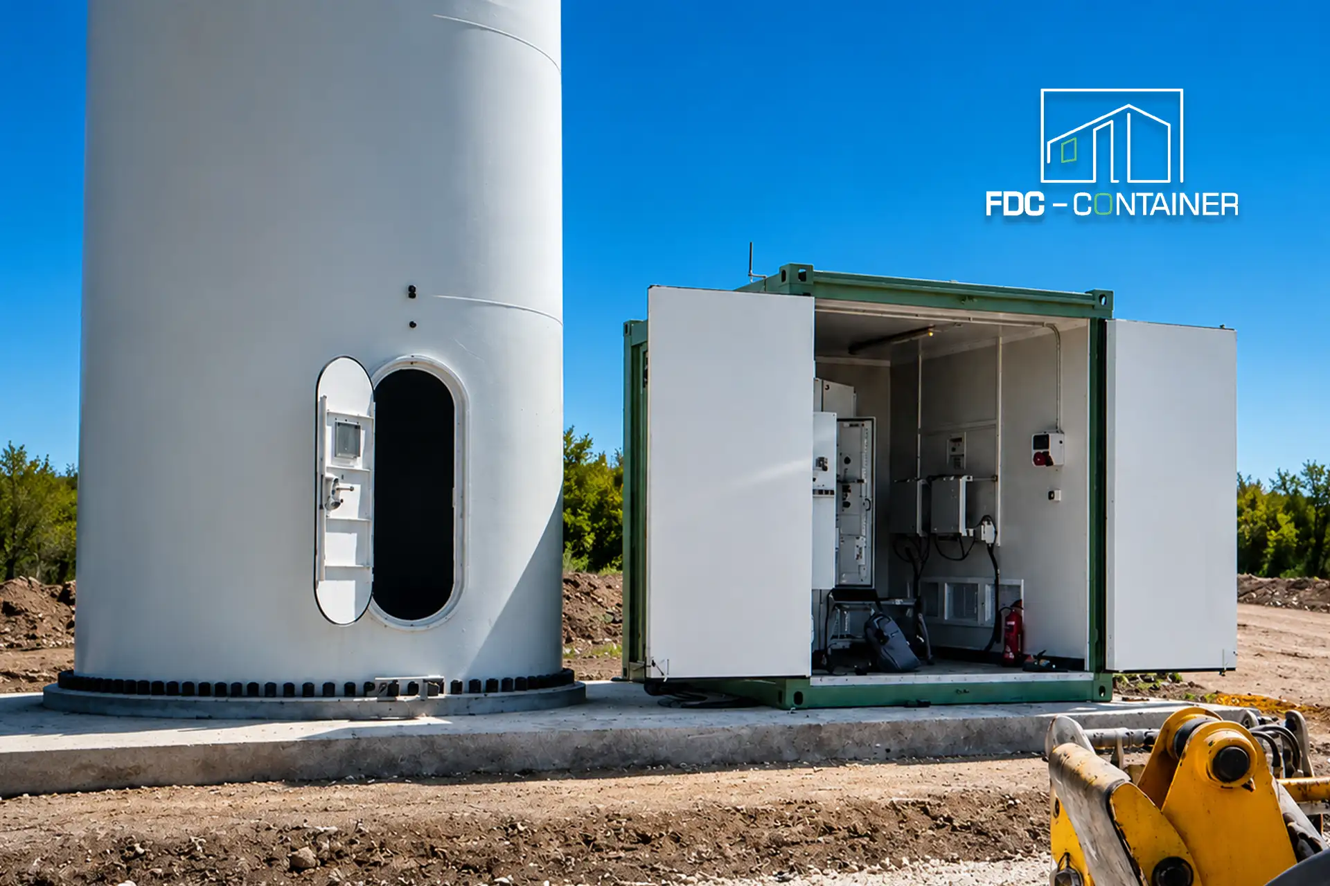 Technikcontainer am Fuß einer Windkraftanlage im Einsatz, Tür offen – FDC Container
