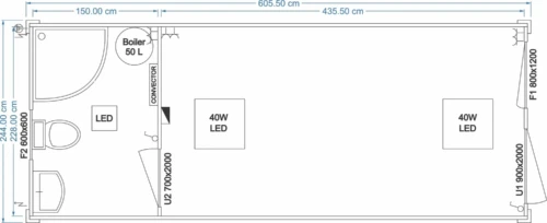 Grundriss FDC START Universalcontainer 6,05 x 2,44 m mit Sanitäranlage