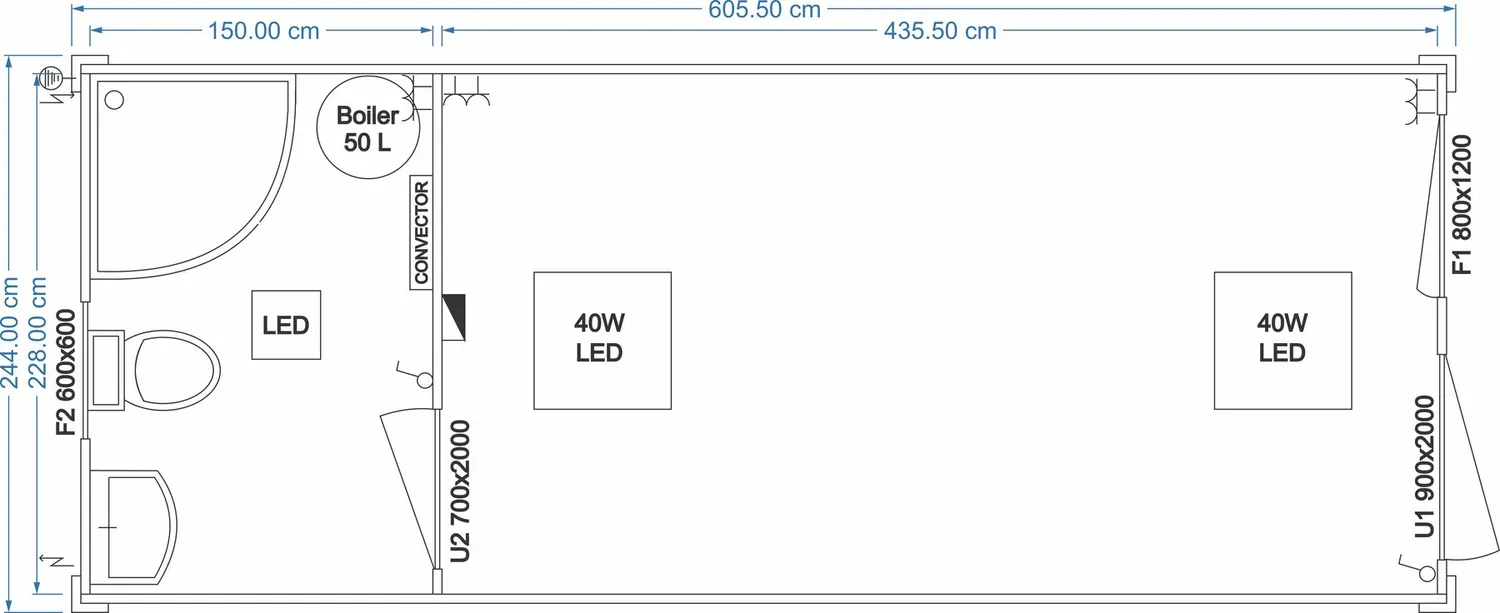 Grundriss FDC START Universalcontainer 6,05 x 2,44 m mit Sanitäranlage