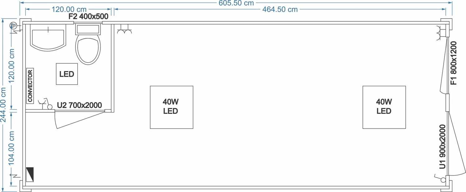 Grundriss FDC START Universalcontainer 6,05 x 2,44 m mit Toilette