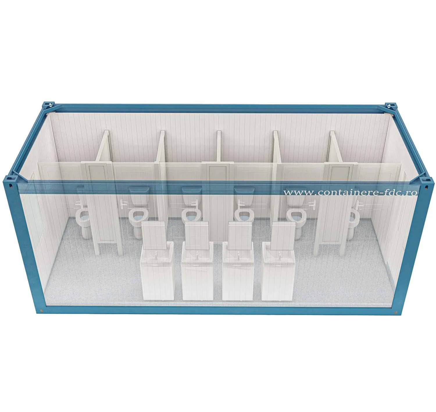 Rendering FDC START Sanitärcontainer Damen 6,05 × 2,44 m – Seitenansicht (Beispieleinrichtung)