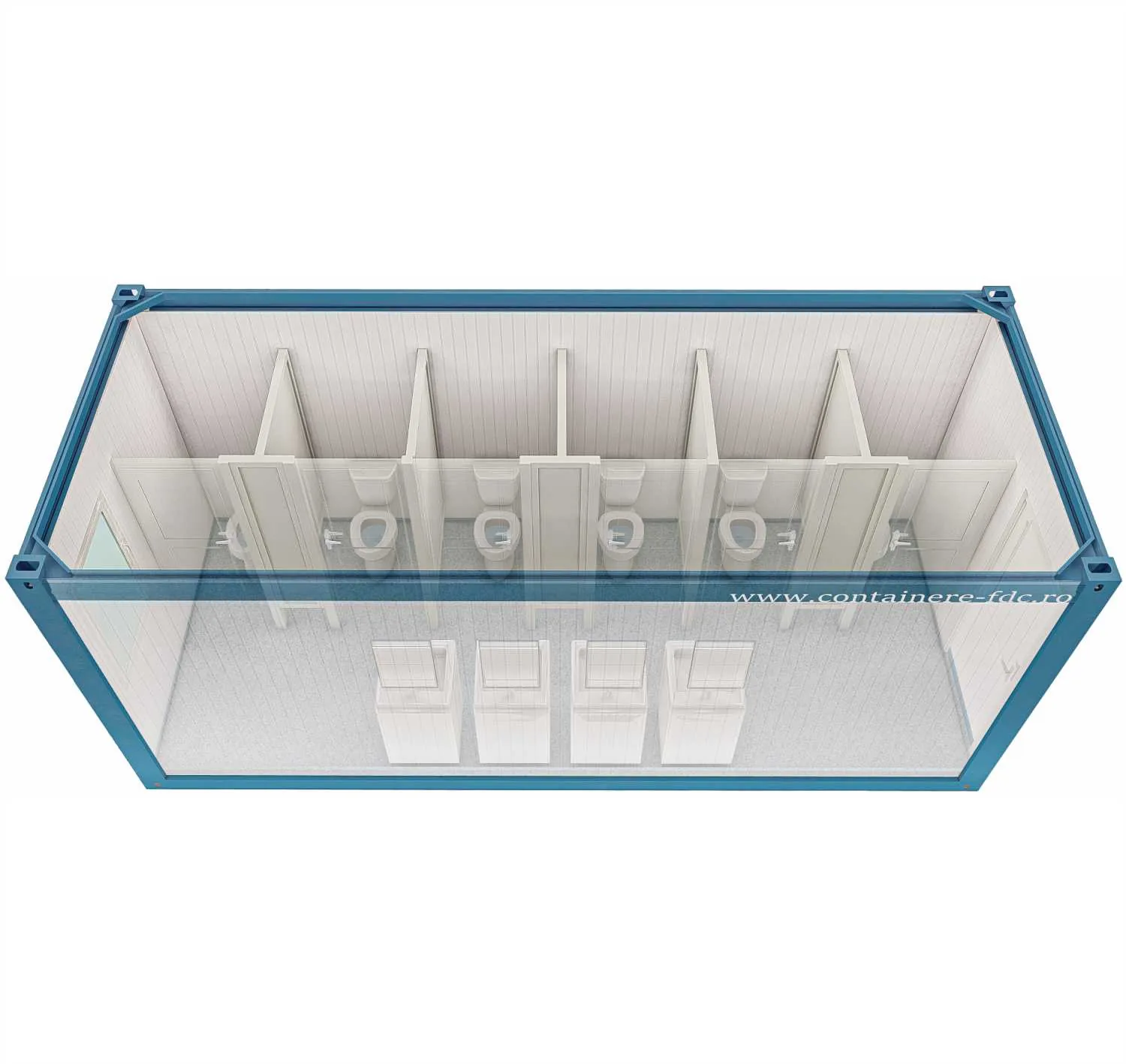 Rendering FDC START Sanitärcontainer Damen 6,05 × 2,44 m – Vorderansicht (Beispieleinrichtung)