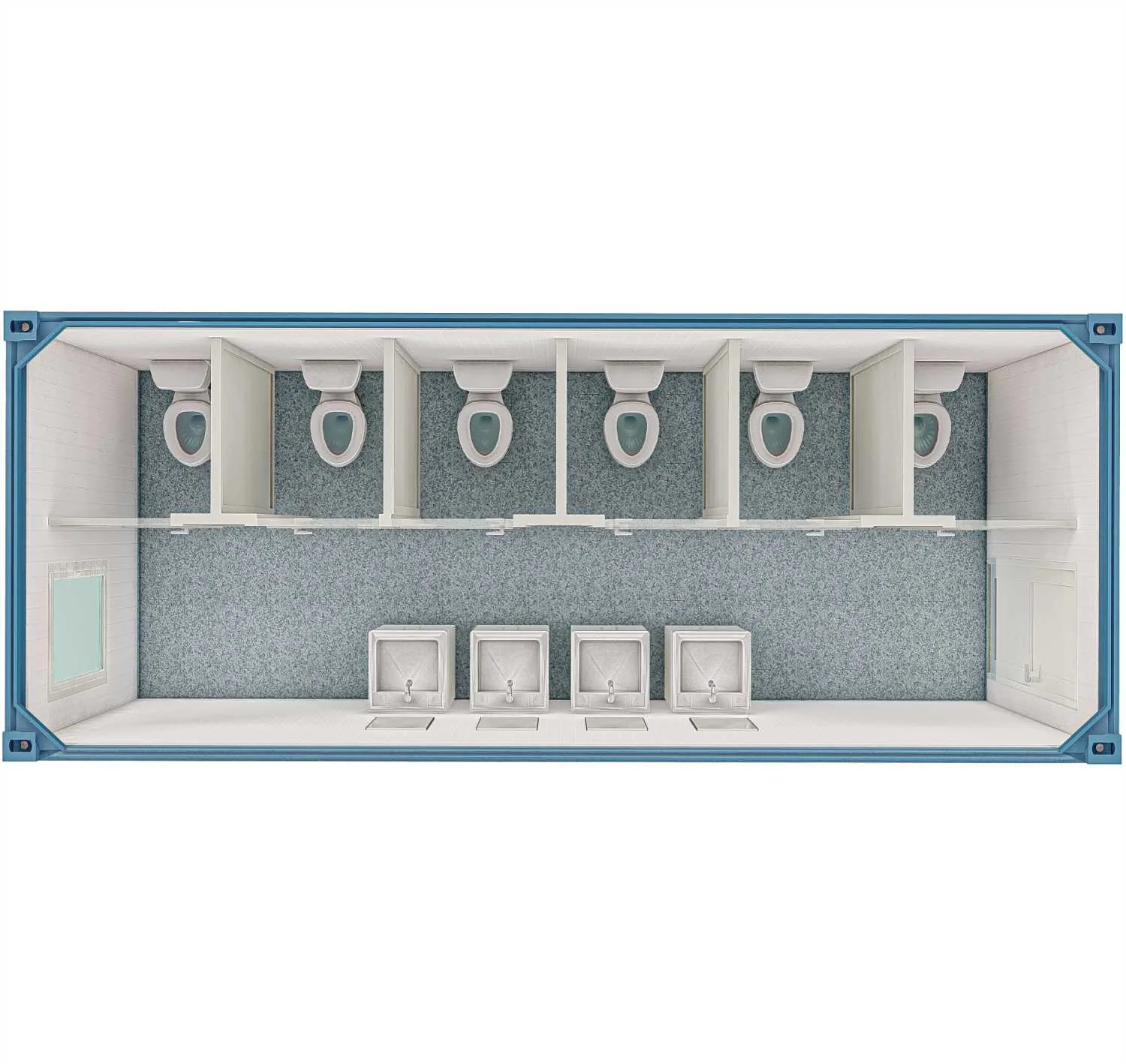 Rendering FDC START Sanitärcontainer Damen 6,05 × 2,44 m – Draufsicht (Beispieleinrichtung)