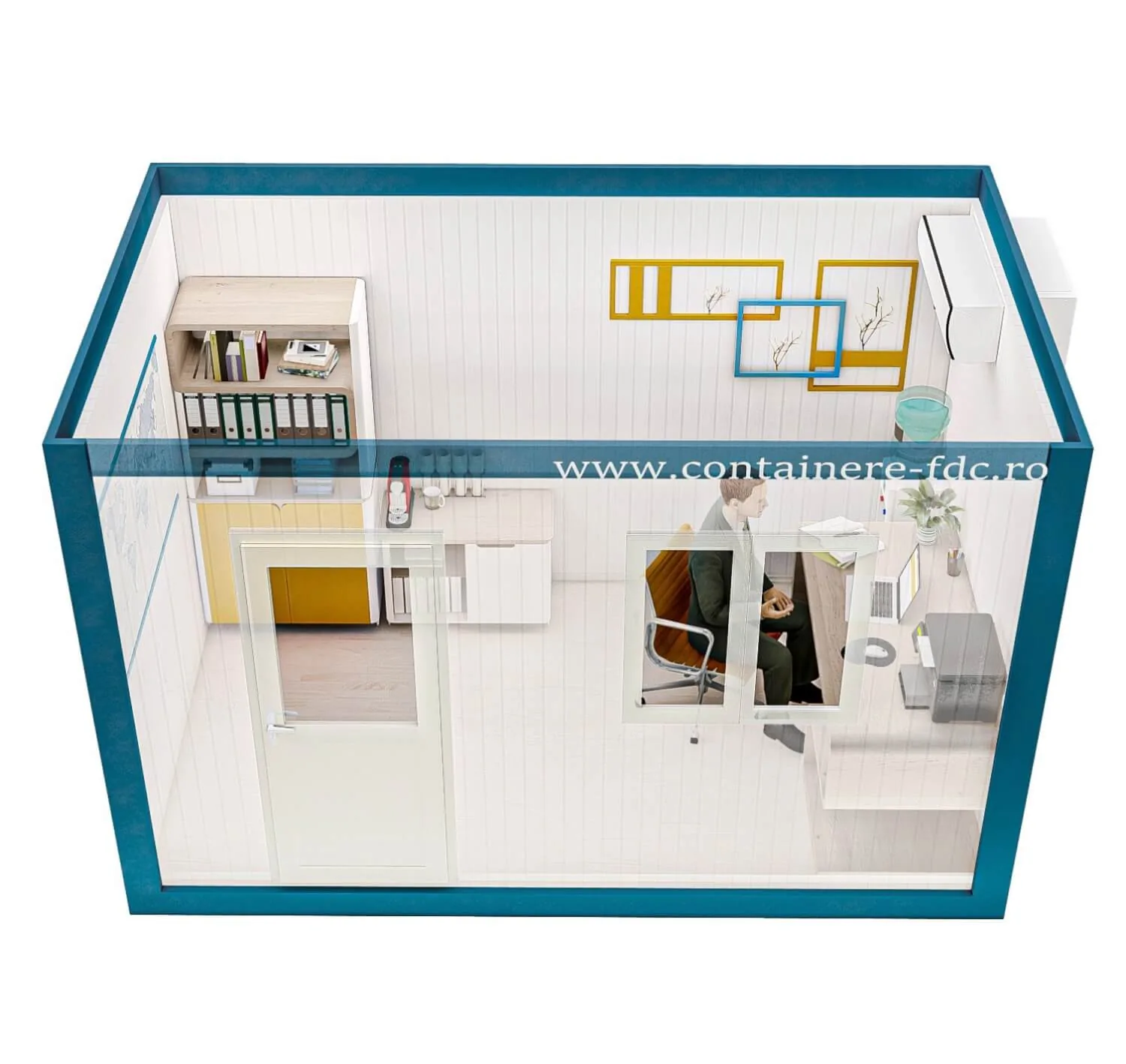 Rendering FDC START Universalcontainer 3,05 × 2,44 m – Seitenansicht (Beispieleinrichtung)