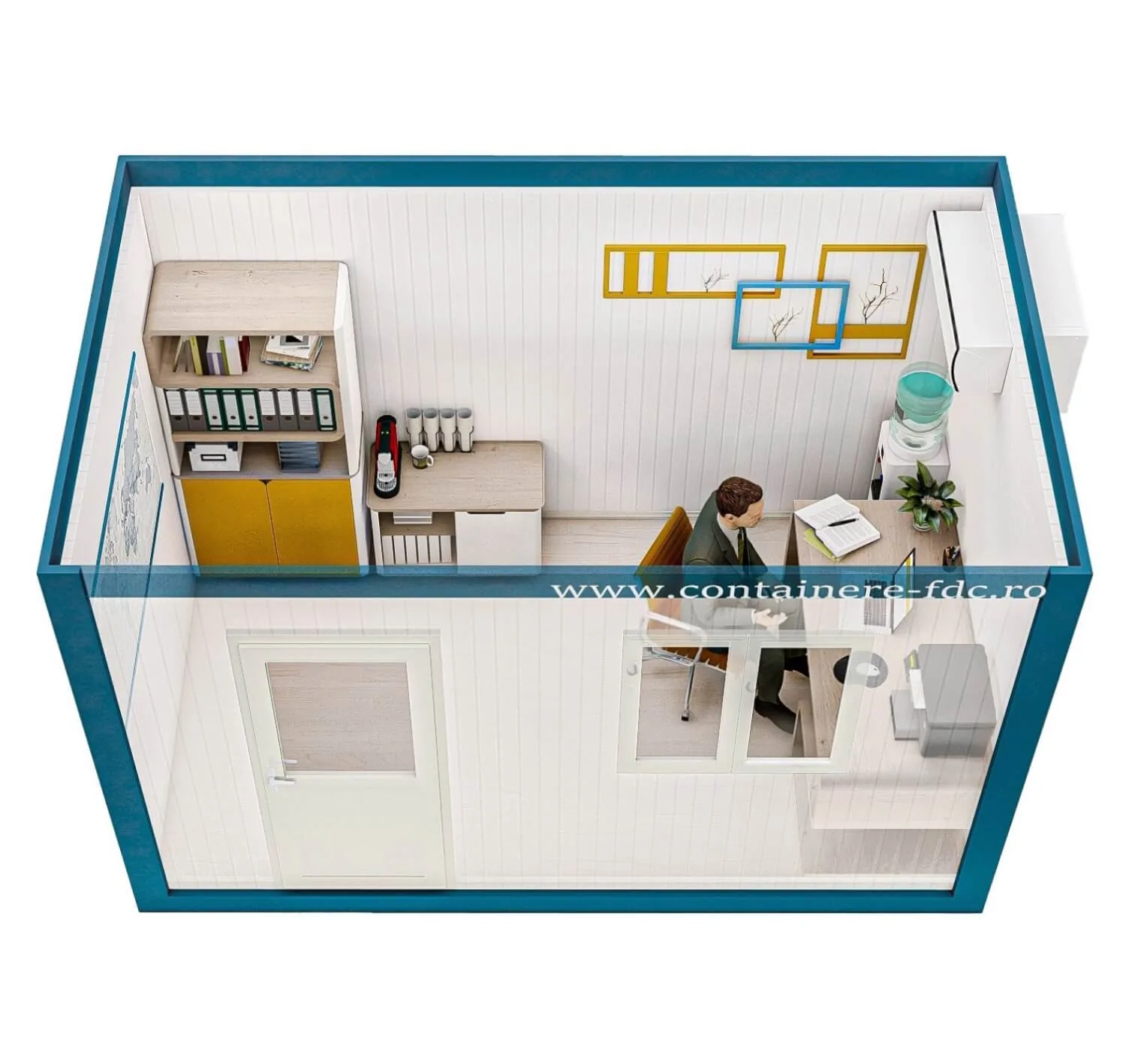 Rendering FDC START Universalcontainer 3,05 × 2,44 m – Vorderansicht (Beispieleinrichtung)