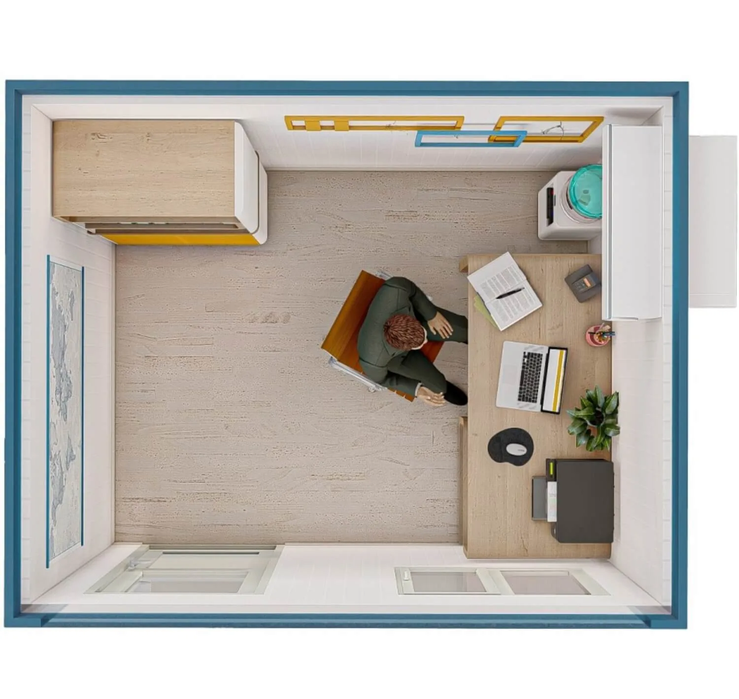 Rendering FDC START Universalcontainer 3,05 × 2,44 m – Draufsicht (Beispieleinrichtung)