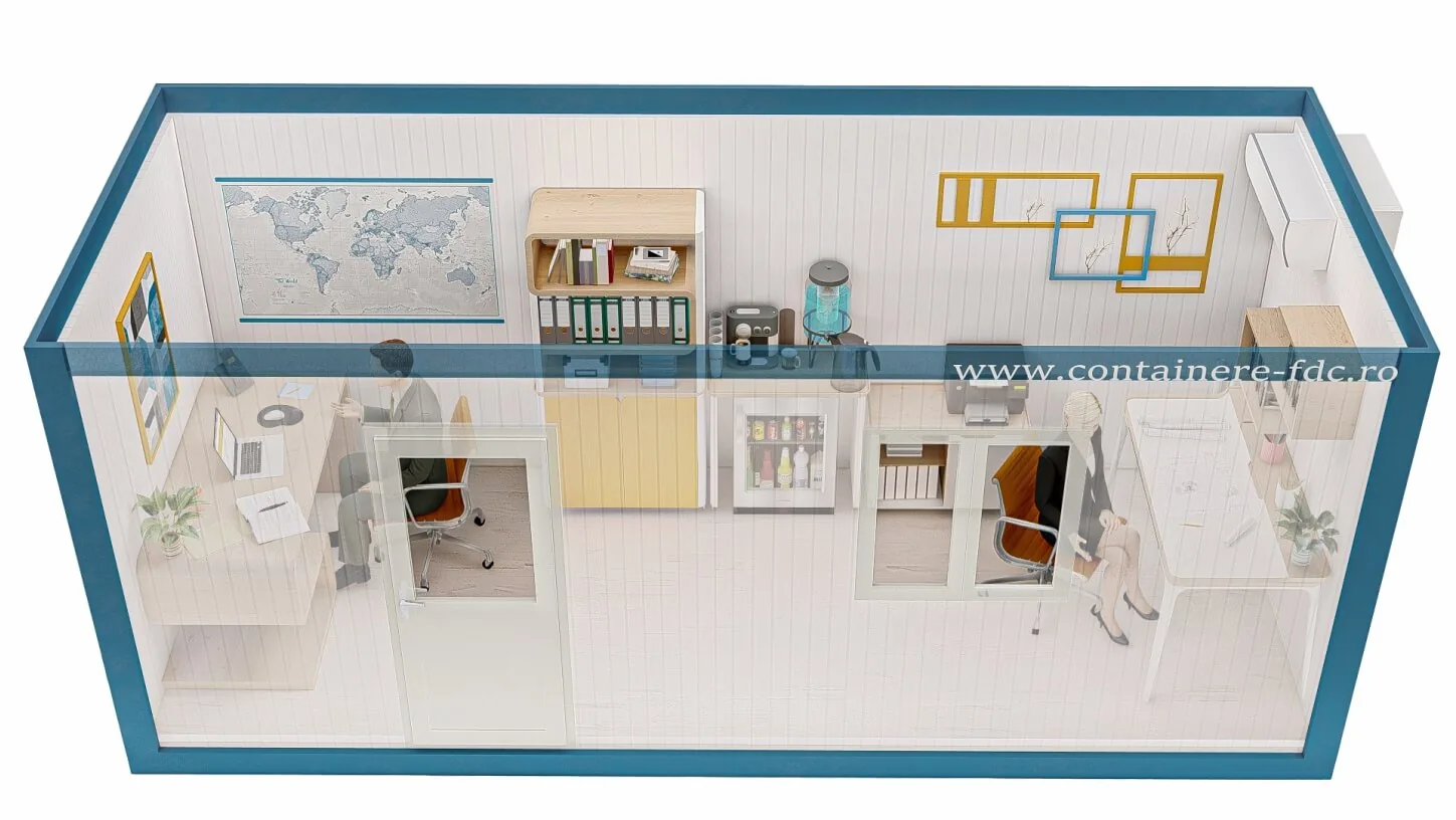 Rendering FDC START Universalcontainer 6,05 × 2,44 m – Seitenansicht (Beispieleinrichtung)