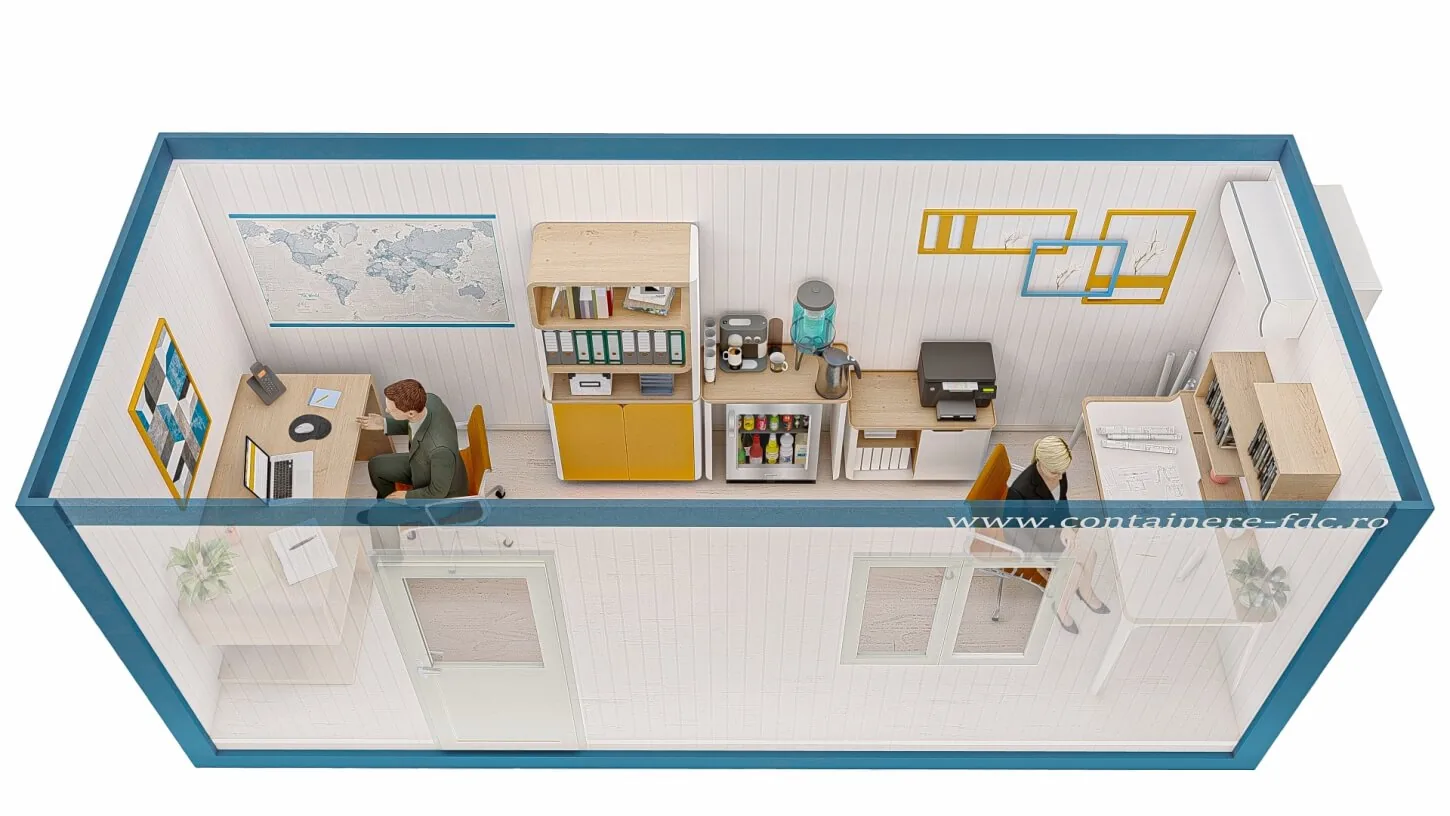 Rendering FDC START Universalcontainer 6,05 × 2,44 m – Vorderansicht (Beispieleinrichtung)