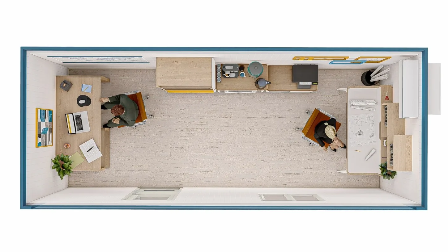 Rendering FDC START Universalcontainer 6,05 × 2,44 m – Draufsicht (Beispieleinrichtung)