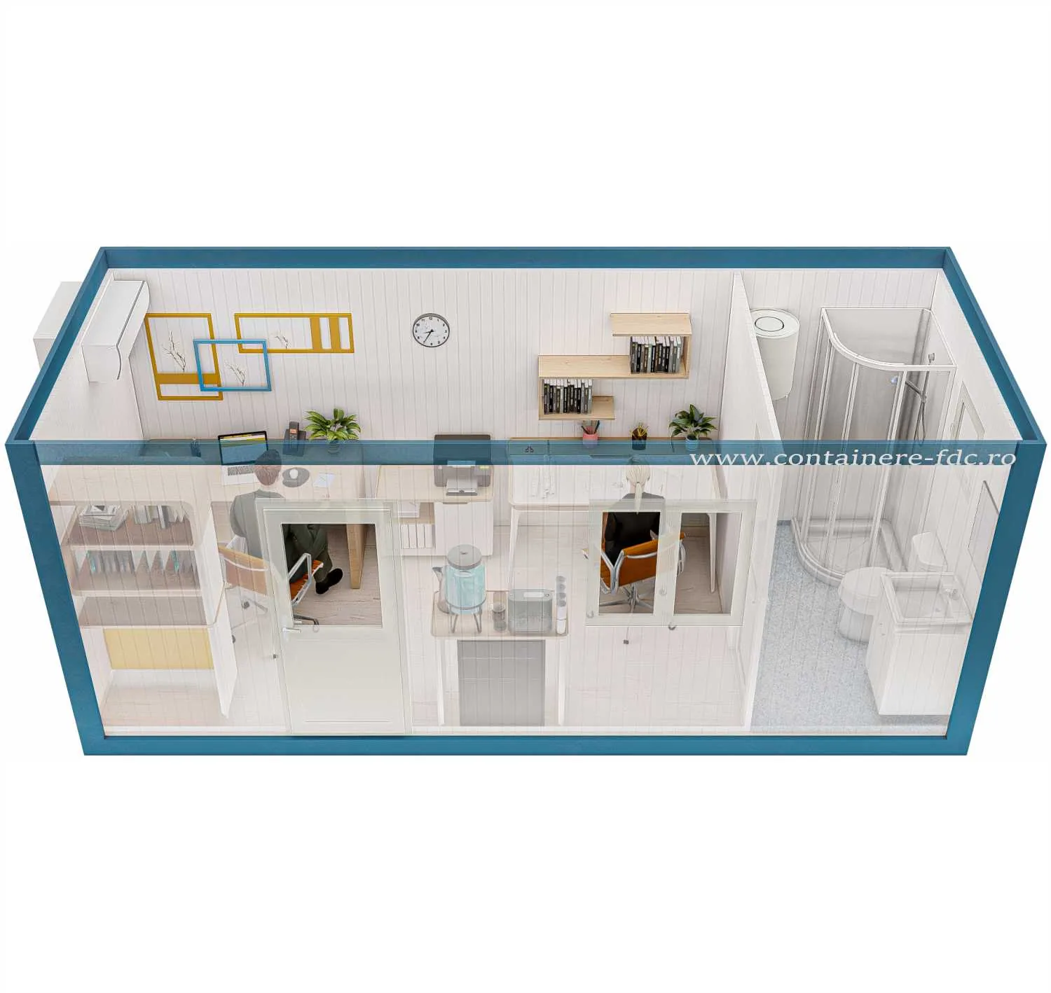Rendering FDC START Universalcontainer 6,05 × 2,44 m mit Sanitäranlage – Seitenansicht (Beispieleinrichtung)