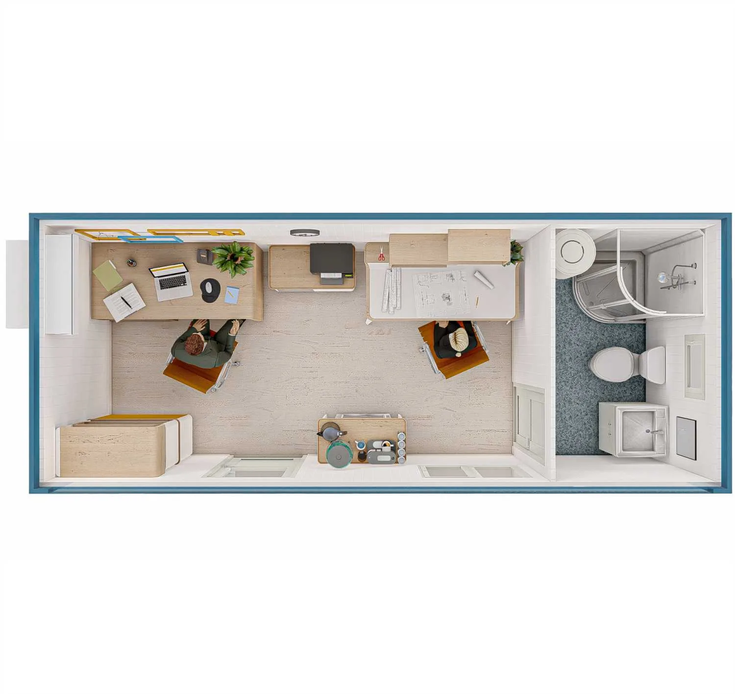 Rendering FDC START Universalcontainer 6,05 × 2,44 m mit Sanitäranlage – Draufsicht (Beispieleinrichtung)