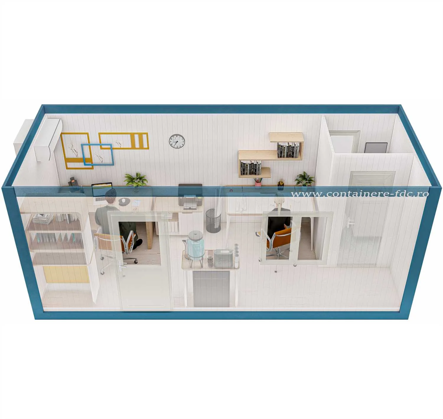 Rendering FDC START Universalcontainer 6,05 × 2,44 m mit Toilette – Seitenansicht (Beispieleinrichtung)