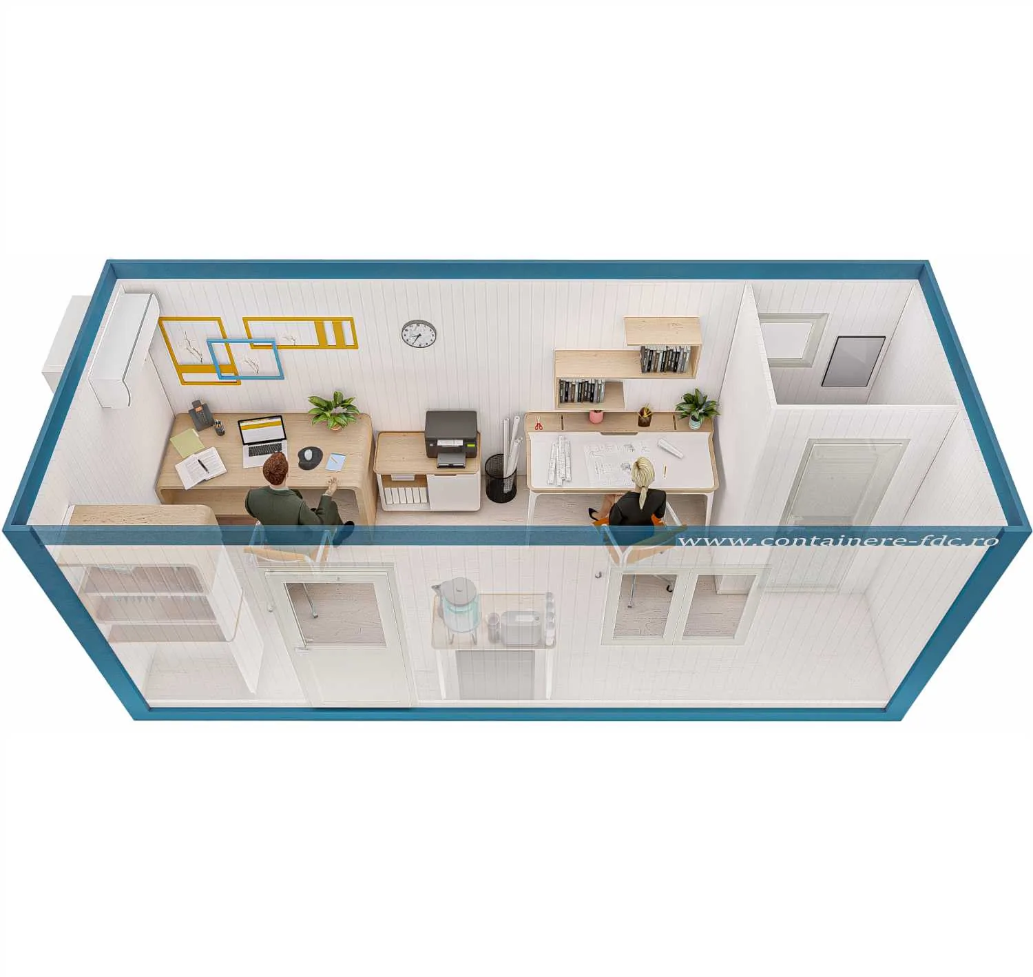 Rendering FDC START Universalcontainer 6,05 × 2,44 m mit Toilette – Vorderansicht (Beispieleinrichtung)
