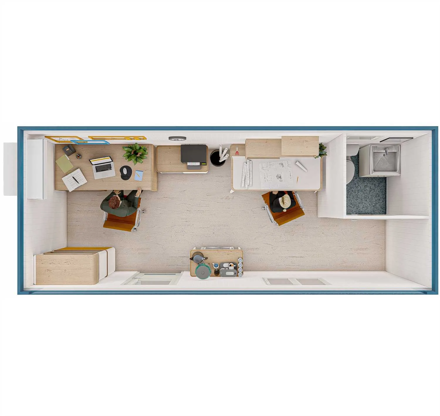 Rendering FDC START Universalcontainer 6,05 × 2,44 m mit Toilette – Draufsicht (Beispieleinrichtung)