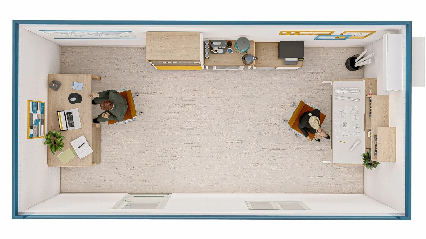 Rendering FDC START Universalcontainer 6,05 × 3,00 m – Draufsicht (Beispieleinrichtung)